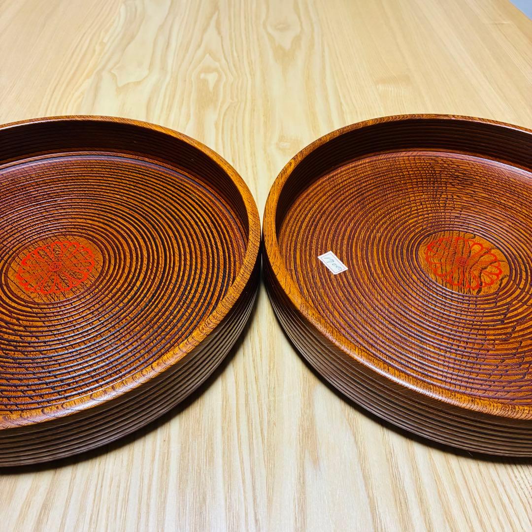 【高級】天然木くり抜き 丸盆 2枚セット 千筋挽き 菊紋 29cm 1.7万/枚