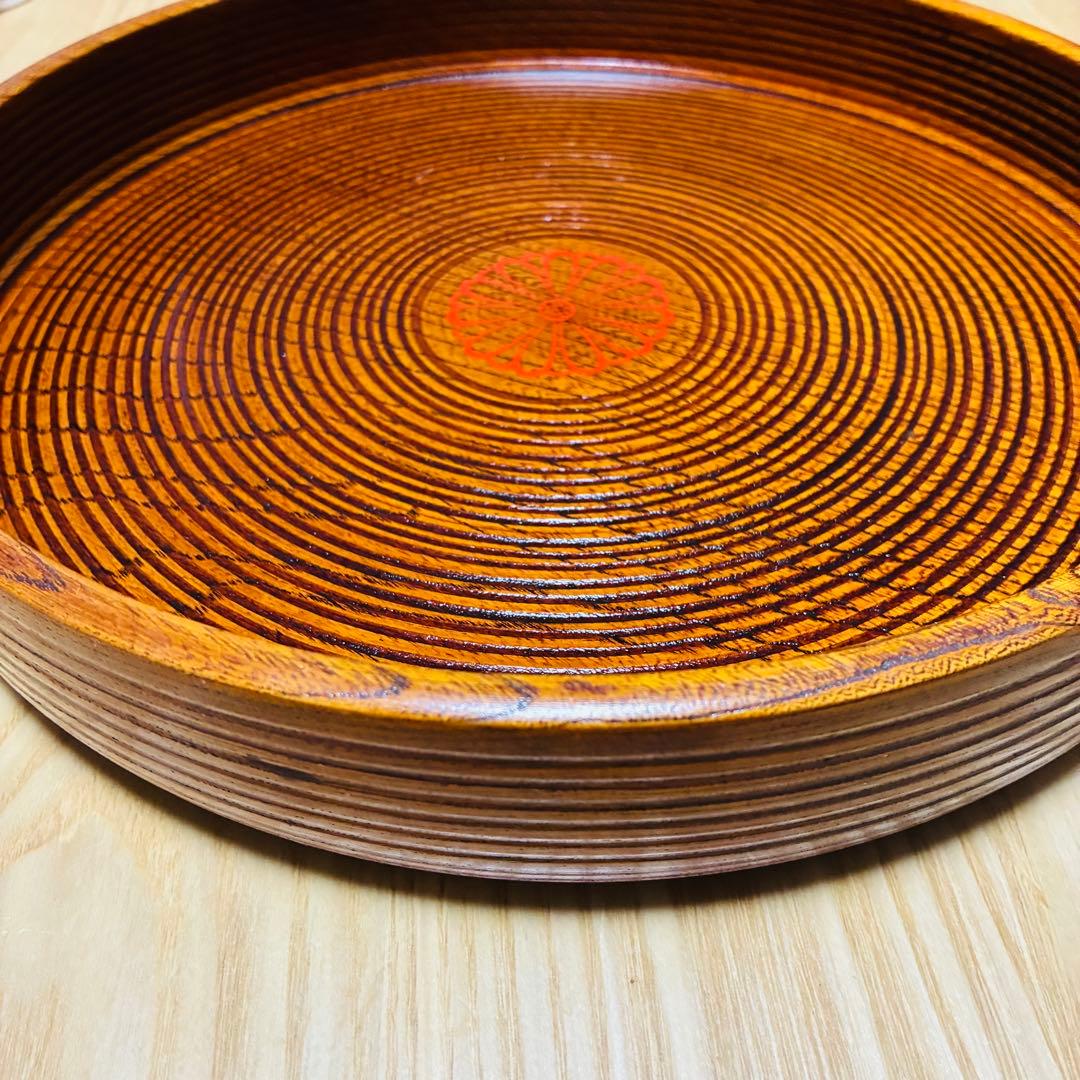 【高級】天然木くり抜き 丸盆 2枚セット 千筋挽き 菊紋 29cm 1.7万/枚