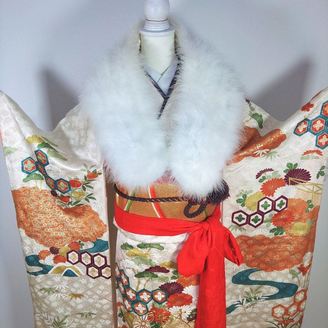 振袖フルセット　成人式　結婚式　前撮り　ホワイト　白　しごき　袋帯　金　ゴールド