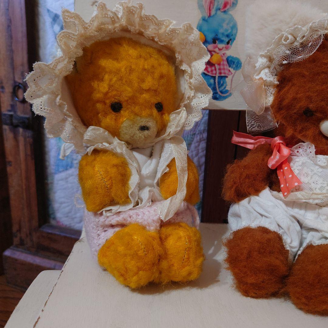 アンティークベア、お鼻なし、DDRちゃん、お洋服付き、左の黄色い子