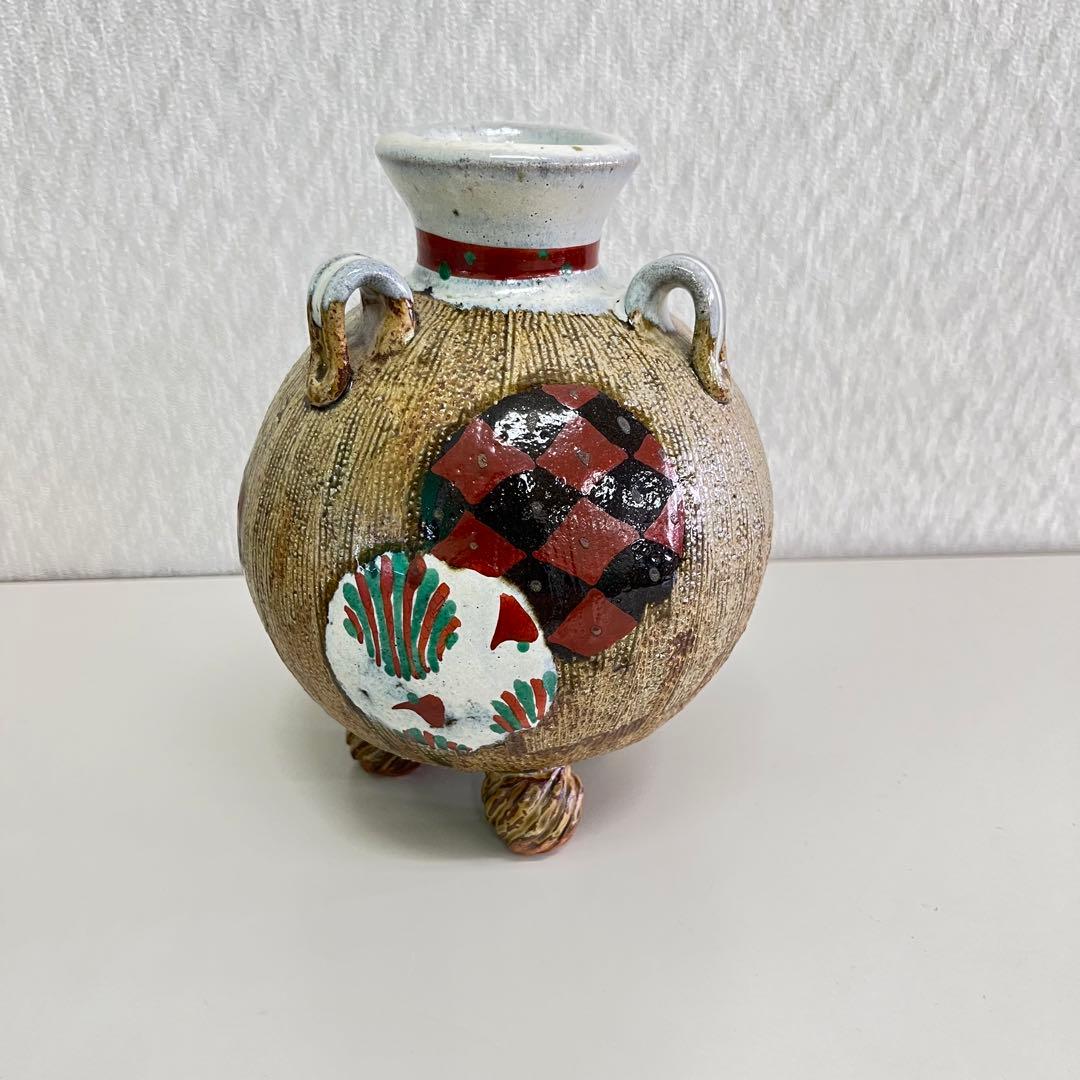 浜田友緒 　赤絵　丸紋　三耳　三足　壺　花瓶 真作保証　作家物　浜田庄司　孫