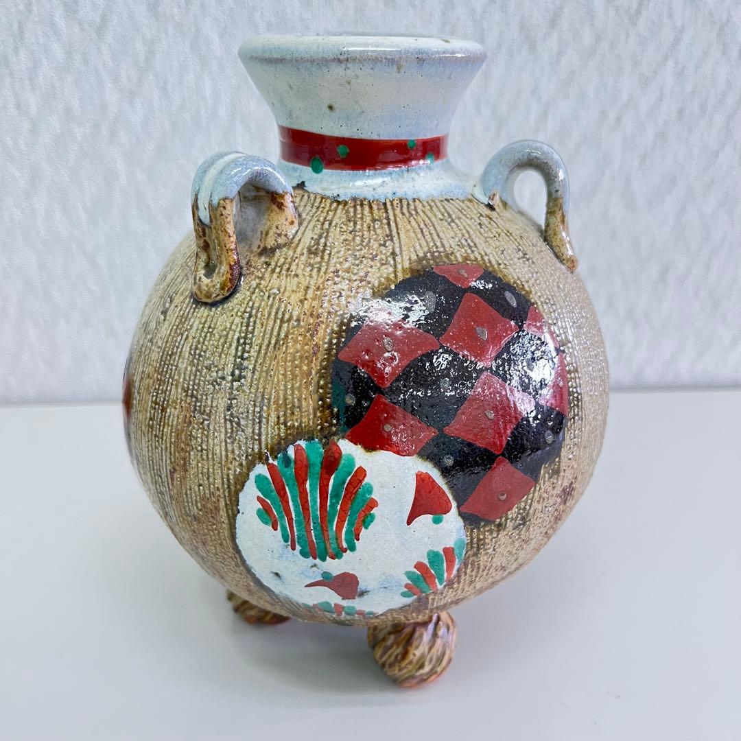 浜田友緒 　赤絵　丸紋　三耳　三足　壺　花瓶 真作保証　作家物　浜田庄司　孫