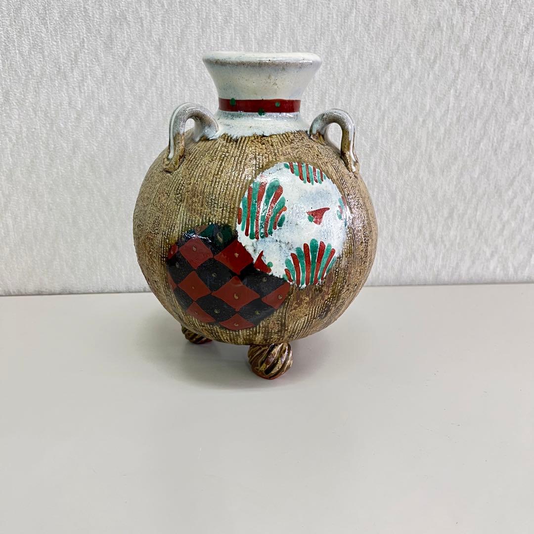 浜田友緒 　赤絵　丸紋　三耳　三足　壺　花瓶 真作保証　作家物　浜田庄司　孫