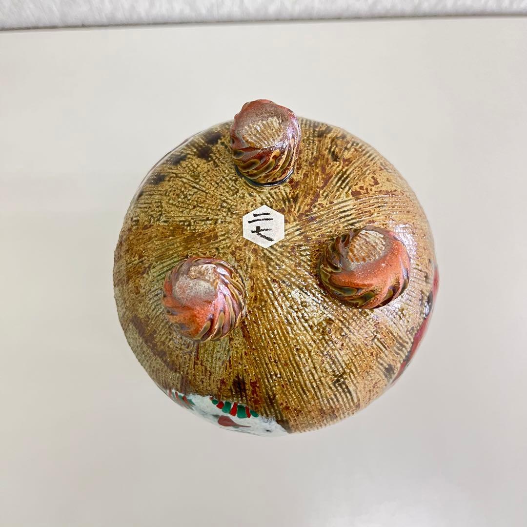 浜田友緒 　赤絵　丸紋　三耳　三足　壺　花瓶 真作保証　作家物　浜田庄司　孫