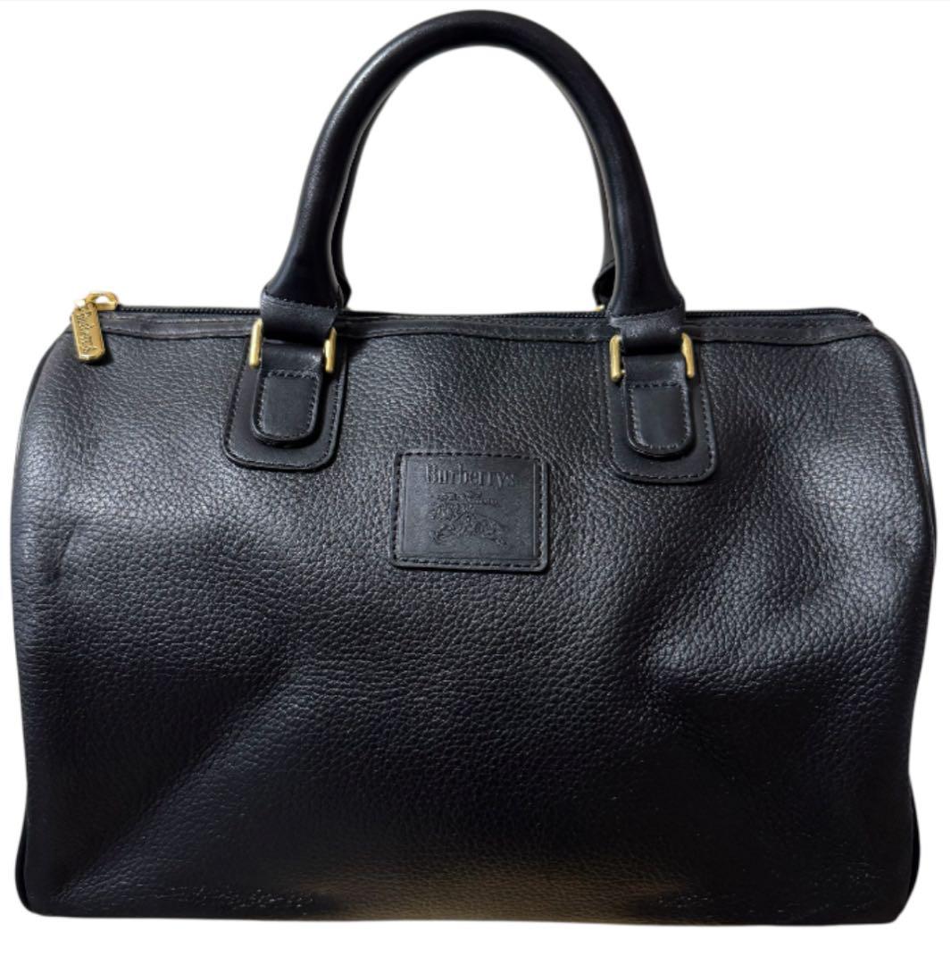 バーバリー ミニボストンバッグ ハンドバッグ ノバチェック レザー シボ革 黒