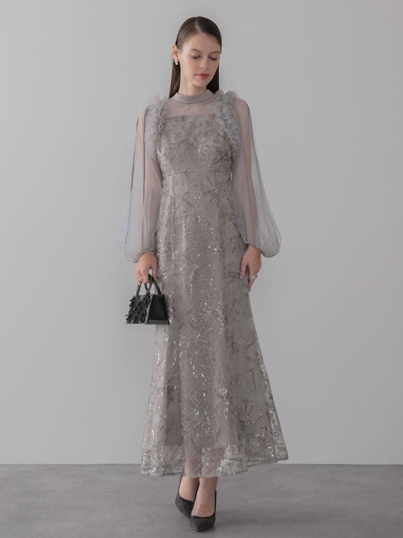 フラワースパンコールチュールフリルロングスリーブマーメイドワンピースドレス結婚式