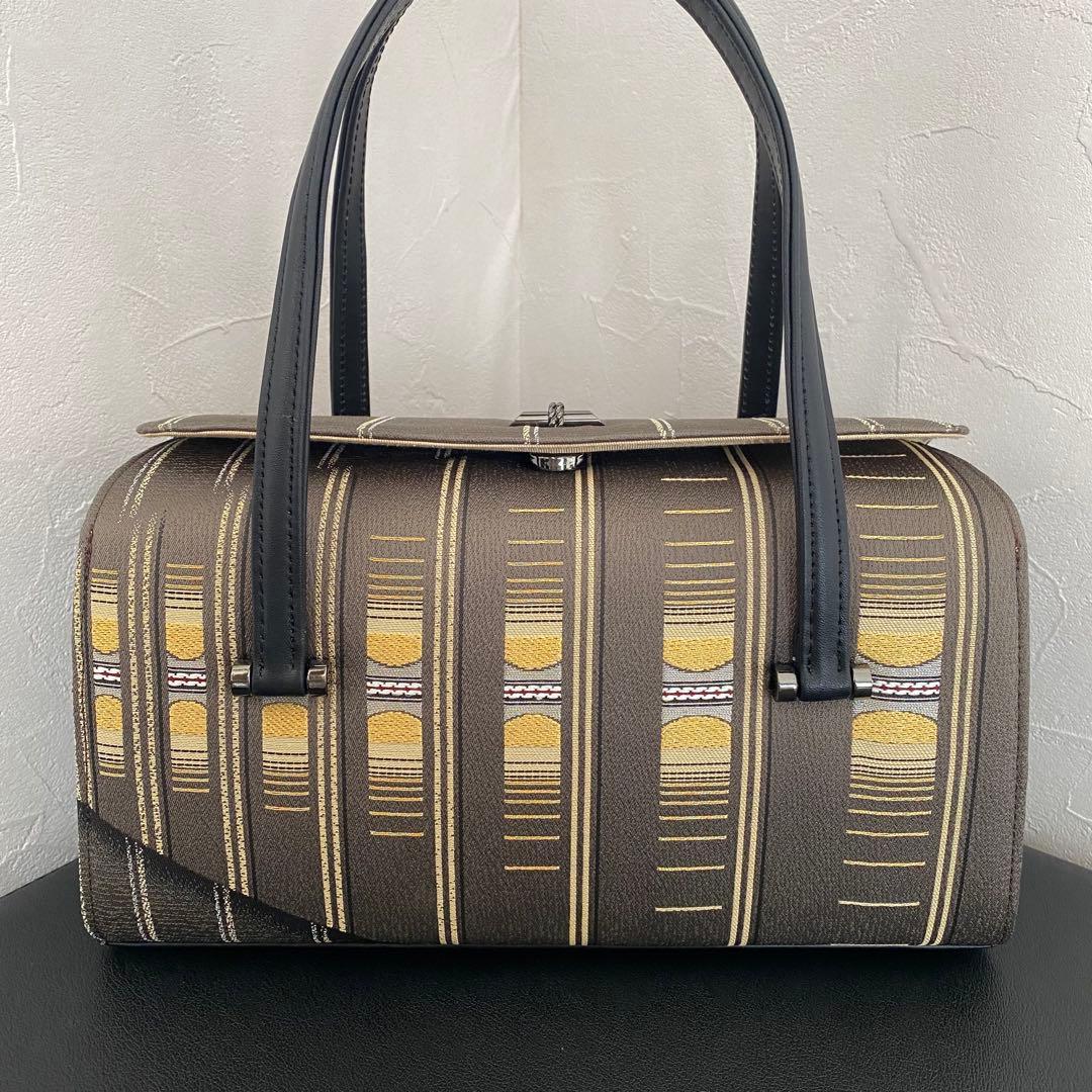 新品タグ付　利休バッグ　正絹 京都 西陣 灰茶色 モダン柄 本金糸 上質