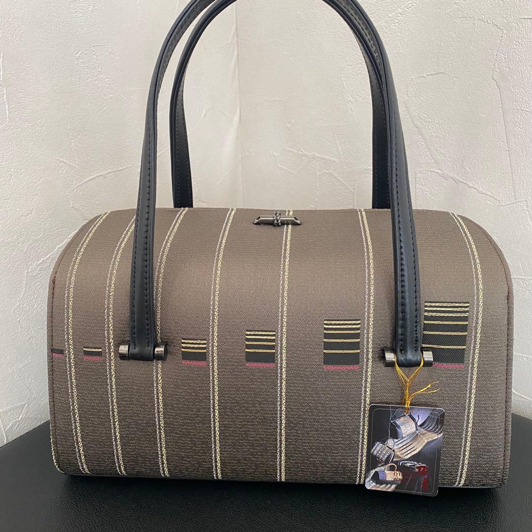 新品タグ付　利休バッグ　正絹 京都 西陣 灰茶色 モダン柄 本金糸 上質