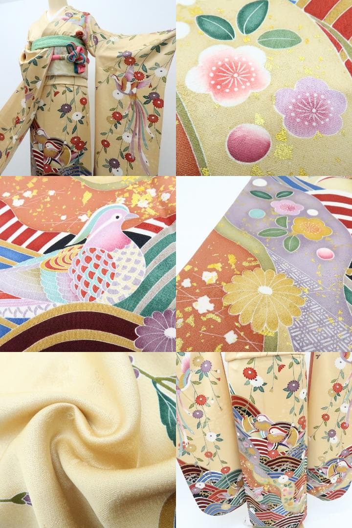 Y2840◇美品 正絹 金駒 手縫い仕立て 鴛鴦 成人式 振袖 着物