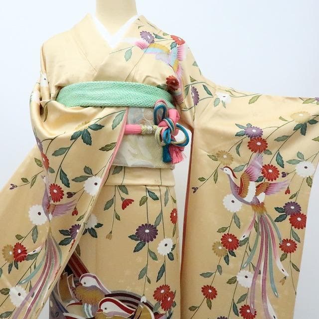 Y2840◇美品 正絹 金駒 手縫い仕立て 鴛鴦 成人式 振袖 着物