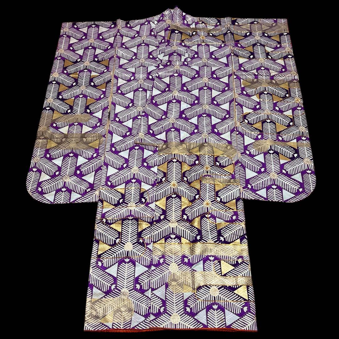 (う58) 煌紫モダン ✦ 洗練幾何学が映えるアンティーク振袖㊗️帯と②セット