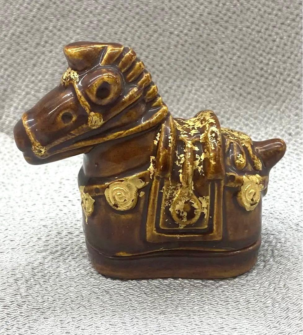 B80s 川崎和楽造「飾り馬 香合」共箱　干支　十二支　茶道具香道具