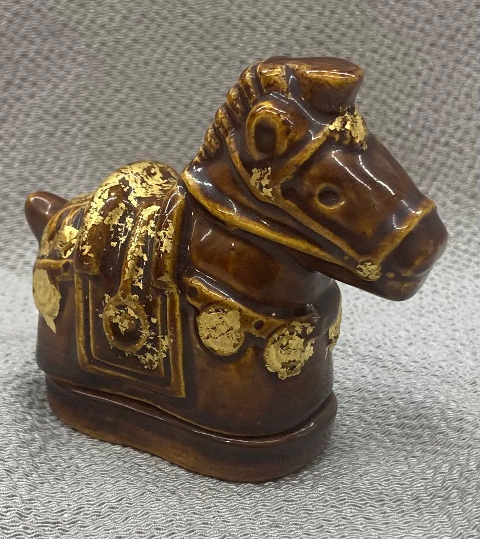 B80s 川崎和楽造「飾り馬 香合」共箱　干支　十二支　茶道具香道具