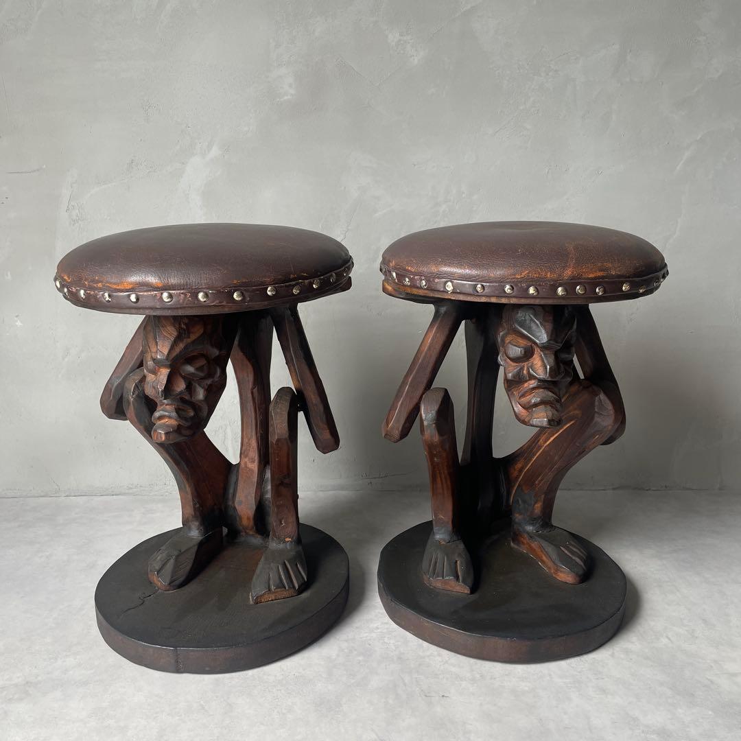 木製　木彫り　アフリカ　スツール　ガーゴイル　丸椅子　ヴィンテージ　民芸