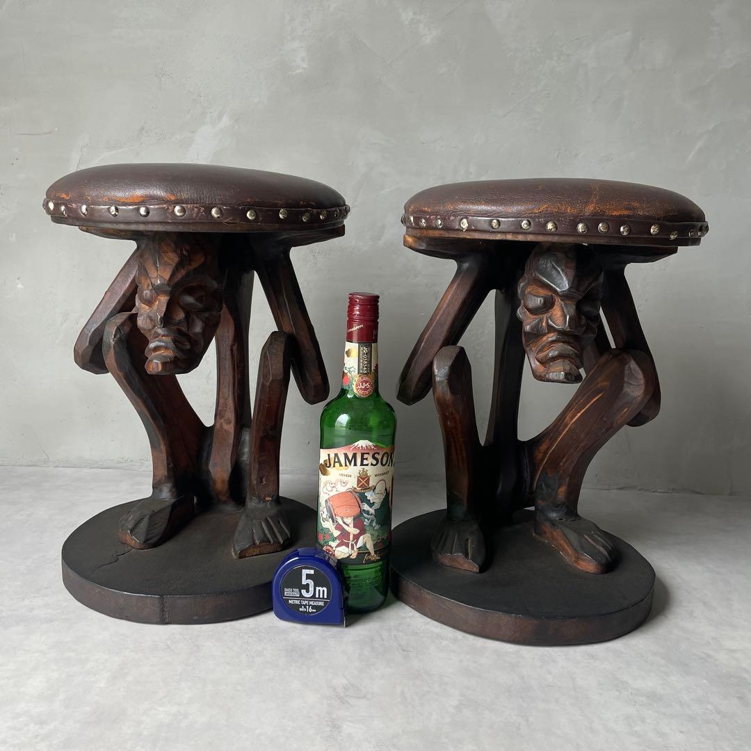 木製　木彫り　アフリカ　スツール　ガーゴイル　丸椅子　ヴィンテージ　民芸