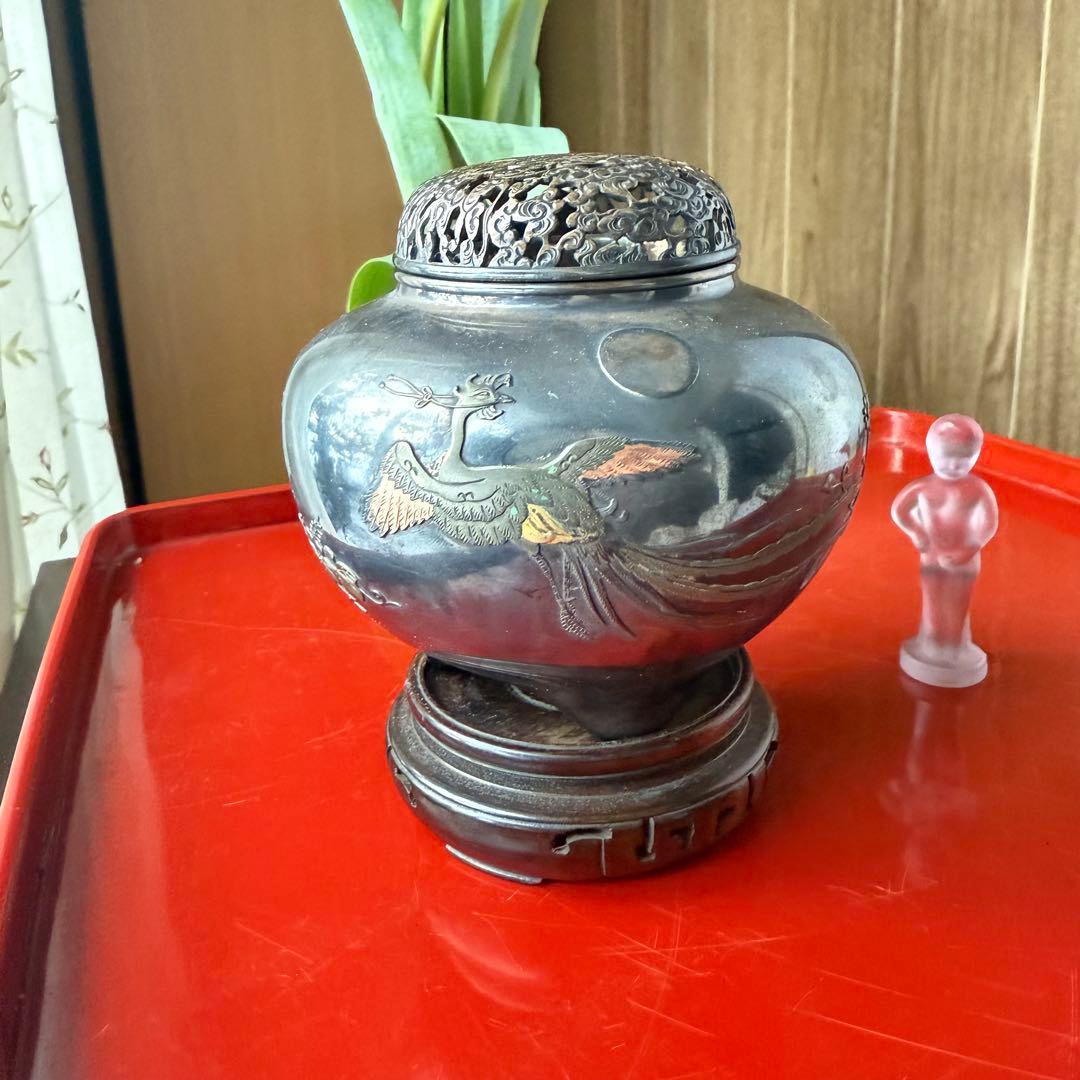 R様へ感謝お嫁入り‼️宝石王愛蔵品純銀金銀象嵌　桐花鳳凰雲竜火屋刻銘純銀香炉1客