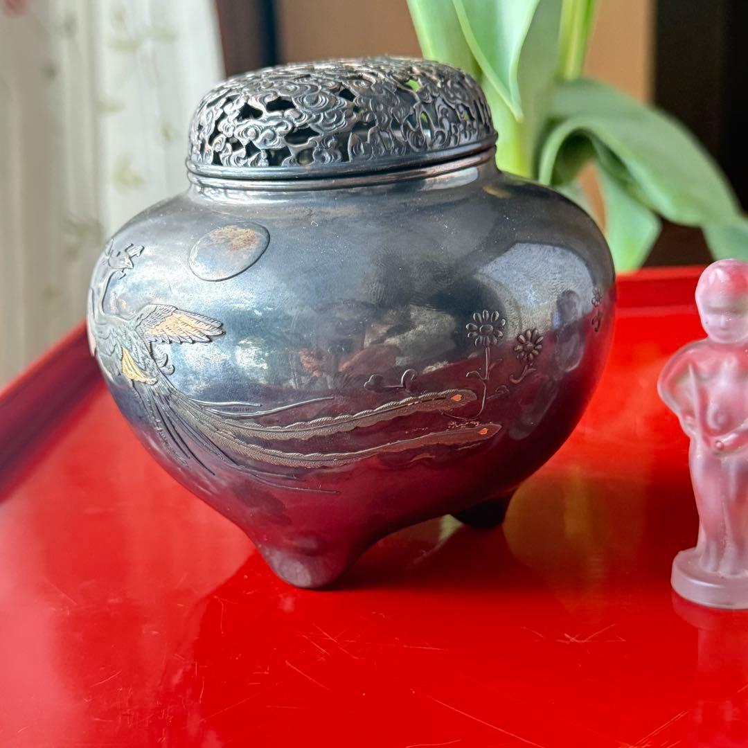 R様へ感謝お嫁入り‼️宝石王愛蔵品純銀金銀象嵌　桐花鳳凰雲竜火屋刻銘純銀香炉1客