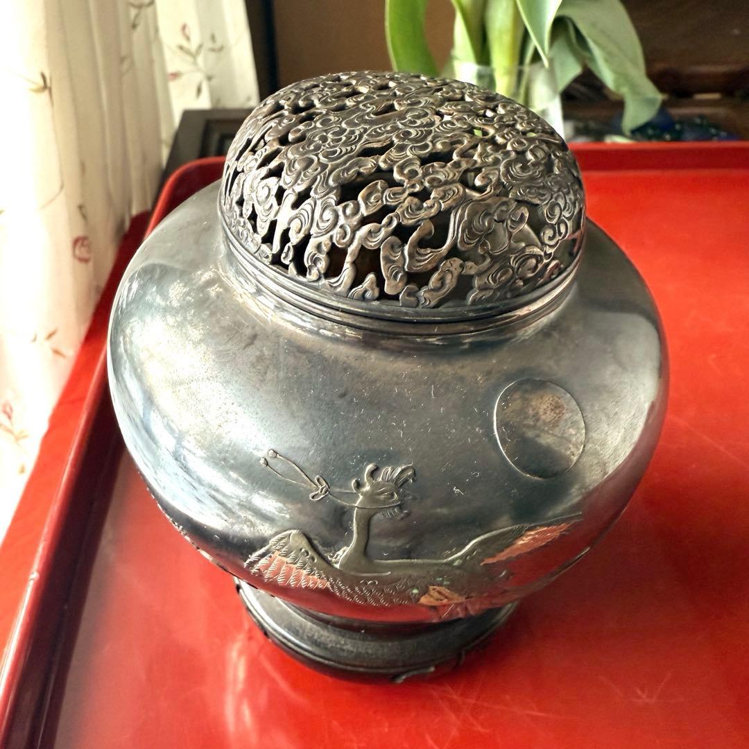 R様へ感謝お嫁入り‼️宝石王愛蔵品純銀金銀象嵌　桐花鳳凰雲竜火屋刻銘純銀香炉1客