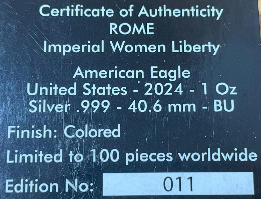 銀貨　１オンス　ローマの貴婦人　アメリカ　２０２４