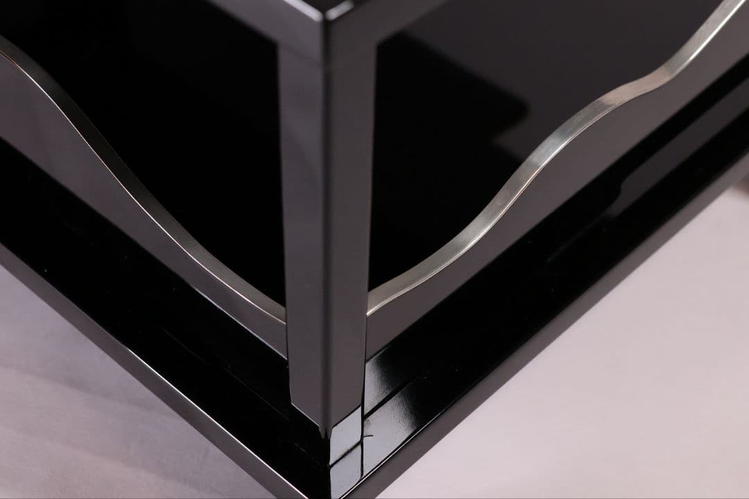 漆芸 二段卓 黒塗 うるみ塗 木製 錫覆輪 54.2cm 花台 古道具【MB58