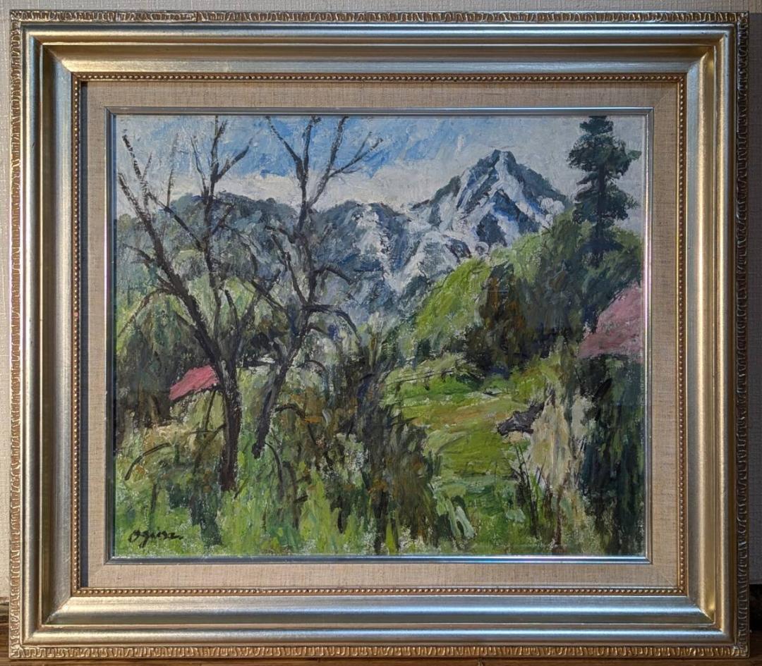 【真作】絵画　油彩8号　春山遠望　雪山と新緑の広がる風景画　日本の四季　W59