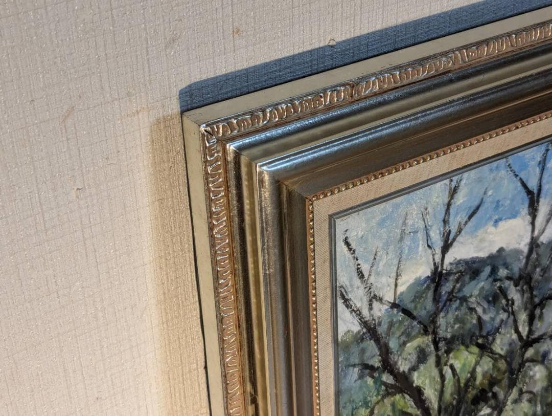 【真作】絵画　油彩8号　春山遠望　雪山と新緑の広がる風景画　日本の四季　W59