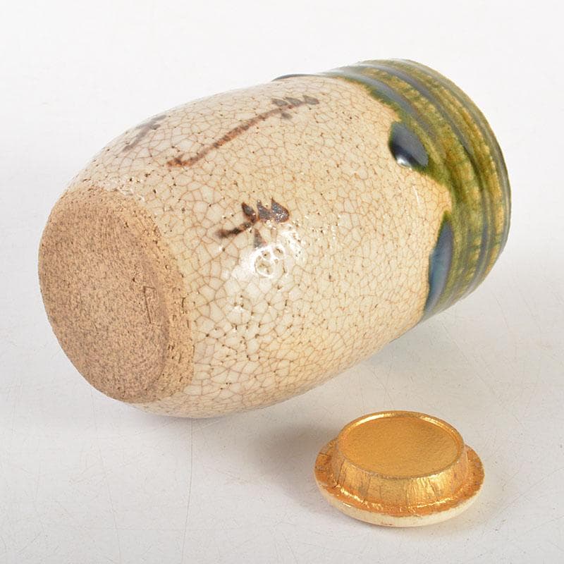 茶道具　織部焼　市川竹川造　織部茶入　仕覆付　共箱　V　6815