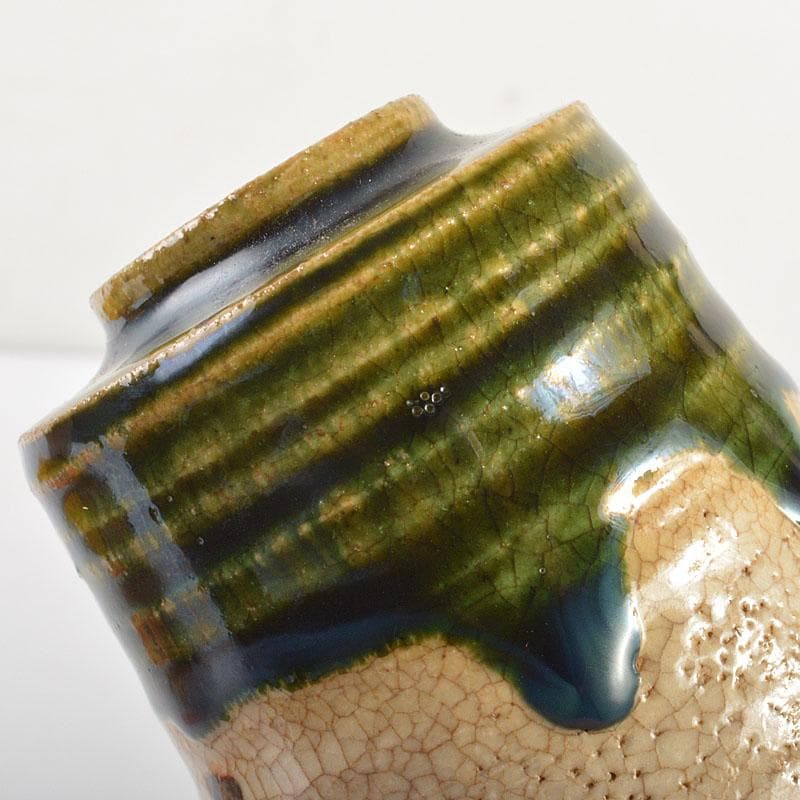 茶道具　織部焼　市川竹川造　織部茶入　仕覆付　共箱　V　6815