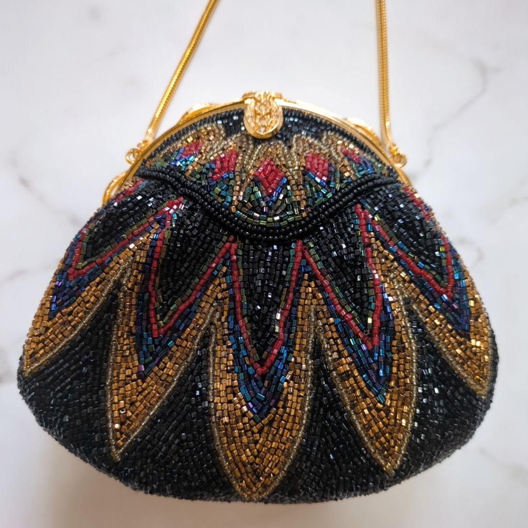 【美品】皇室御用達 ルミーはしもと 総ビーズ ハンドバッグ マルチカラー がま口