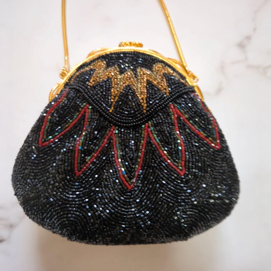 【美品】皇室御用達 ルミーはしもと 総ビーズ ハンドバッグ マルチカラー がま口