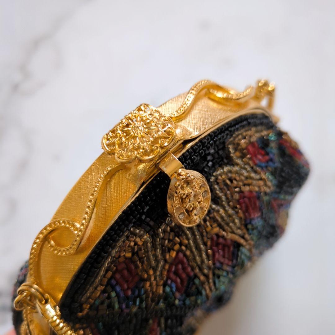 【美品】皇室御用達 ルミーはしもと 総ビーズ ハンドバッグ マルチカラー がま口