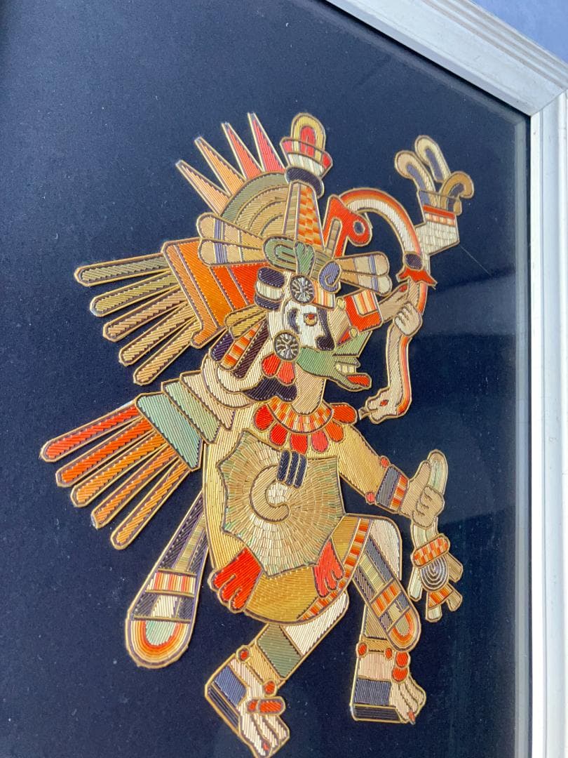 貴重☆アステカ文明ナチュラルな麦わらアート絵　アンティーク壁掛け　マヤ　メキシコ