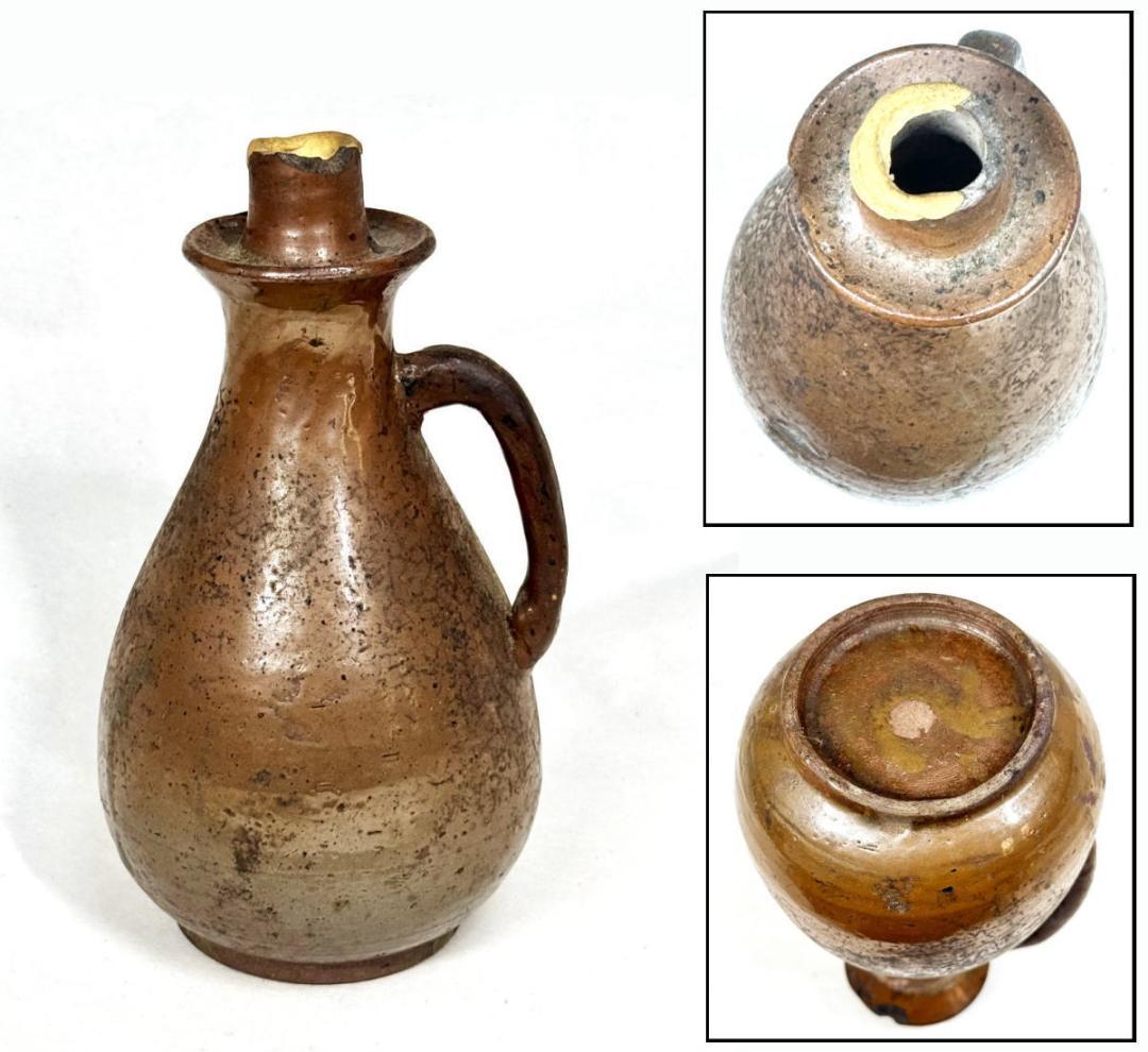 李朝 茶褐釉 手付灯火器油壺 伝世品焼物 古玩 骨董 朝鮮古美術 WWTT225
