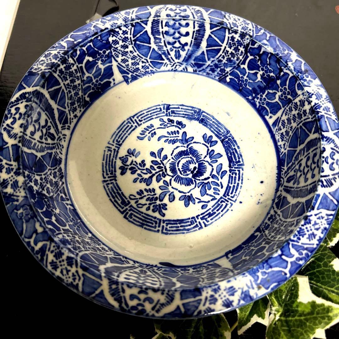 骨董品　古伊万里　転写　印判　煮物鉢　菊紋　椿紋　鳥紋　有田焼　アンティーク