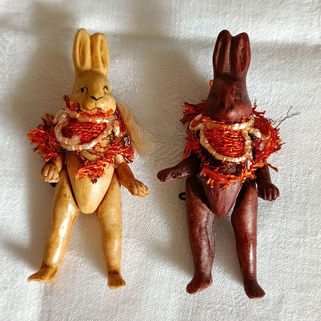 ドイツ アンティーク ウサギ 陶器 フィギュア 2体 ビスクドール ミニョネット