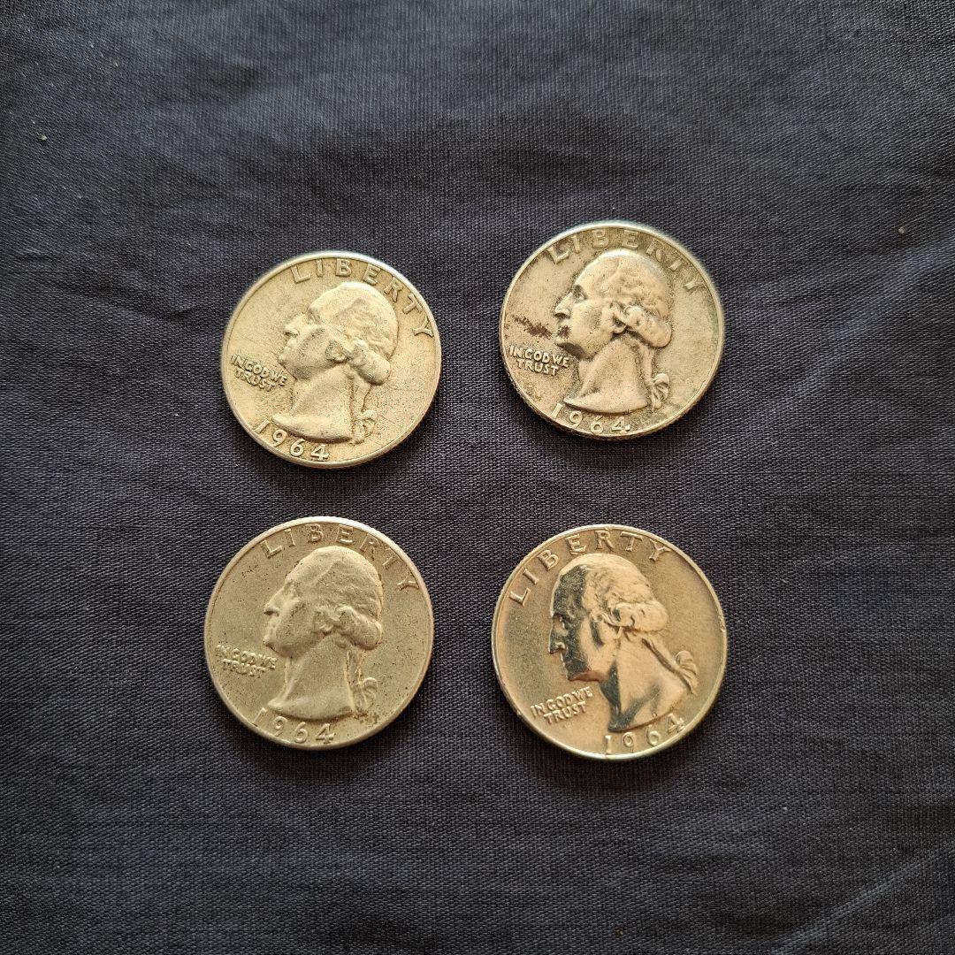 アメリカ、銀貨、1964年発行の25セント銀貨(銀90％)4枚