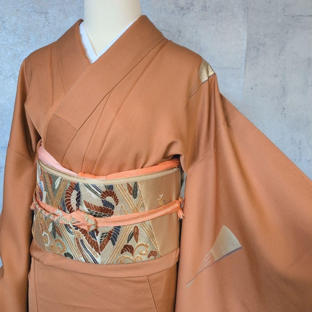 訪問着　フルセット　着物　正絹　赤茶橙　鳥　扇　梅　花　刺繍　しつけ糸　F2