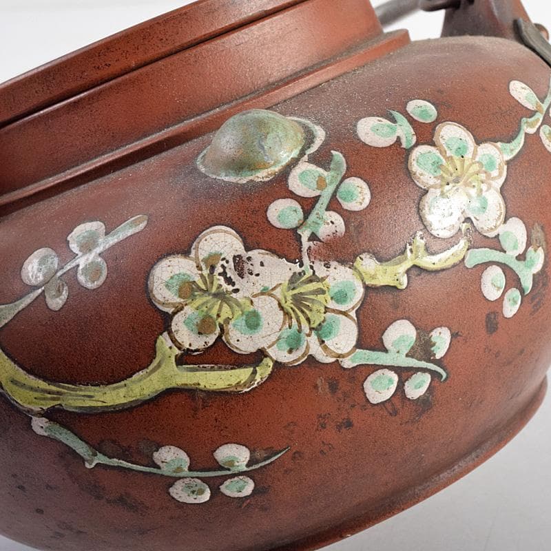 中国　鮑県泰製　宣興紫砂　朱泥　古錫装飾　花文　急須　茶壷　D　R8782