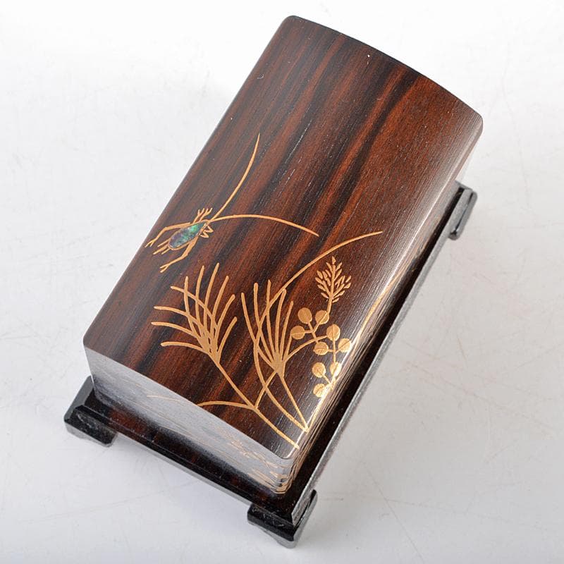 茶道具　山中塗　道場宗廣作　虫に秋草　黒檀虫篭蒔絵　香合　共箱　M　R5279