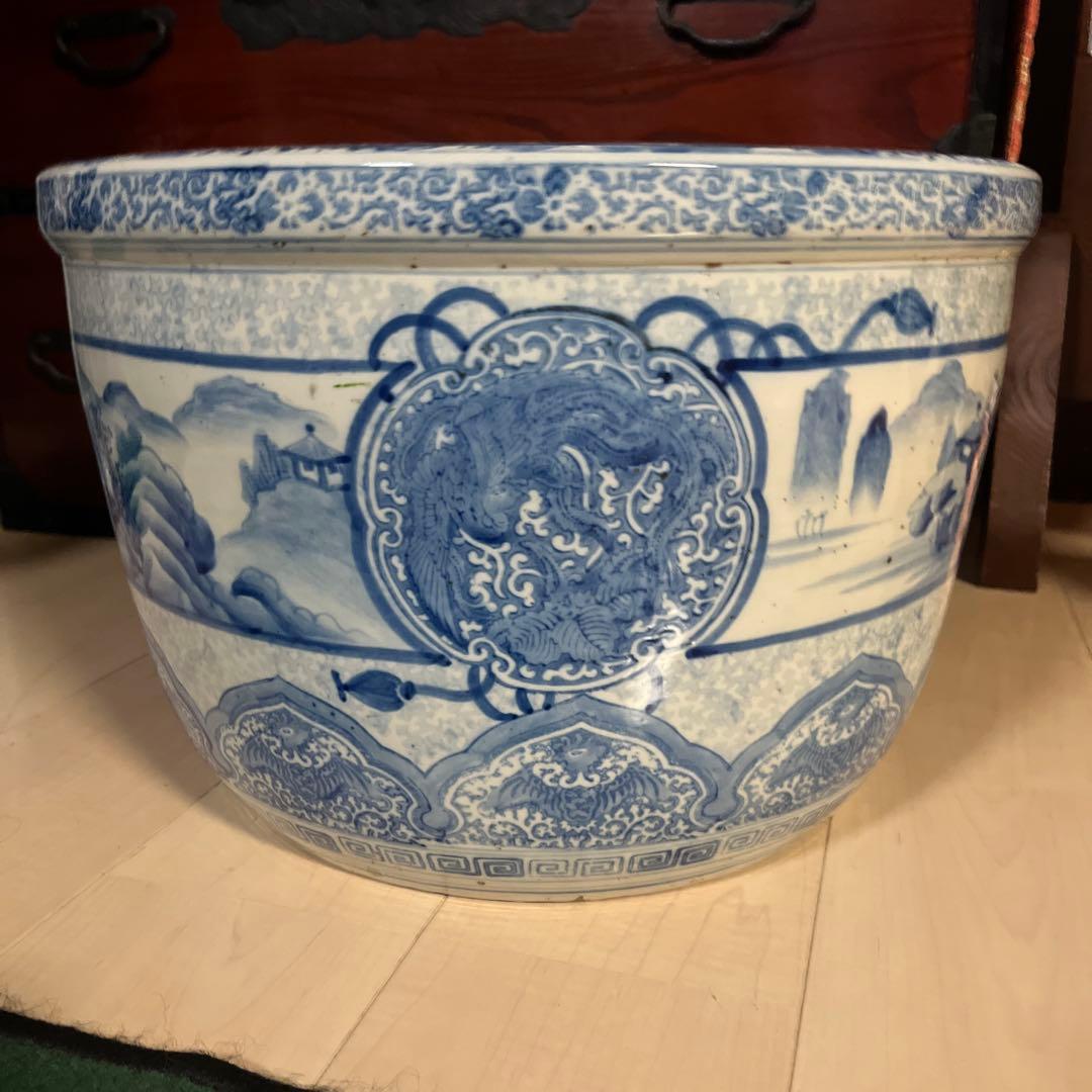 青白い陶器の火鉢 昭和レトロ　インテリア