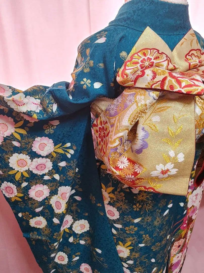 正絹　振袖　袋帯　帯揚げ　帯締め　青緑