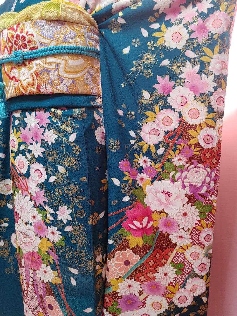 正絹　振袖　袋帯　帯揚げ　帯締め　青緑