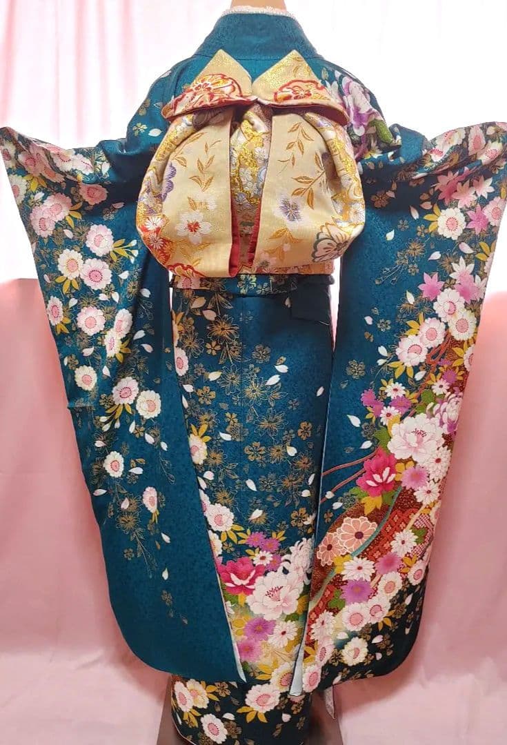 正絹　振袖　袋帯　帯揚げ　帯締め　青緑