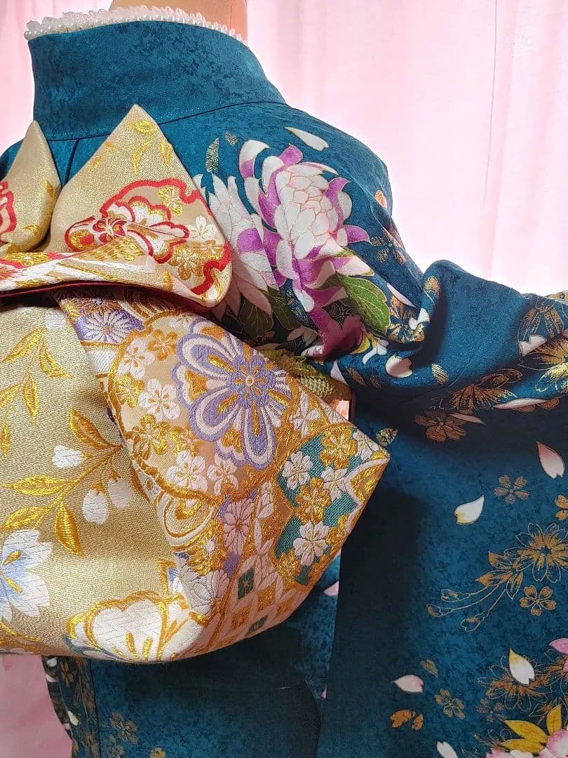 正絹　振袖　袋帯　帯揚げ　帯締め　青緑