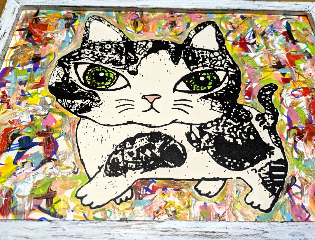 手作り額付き作品　title「お通りニャンコ」