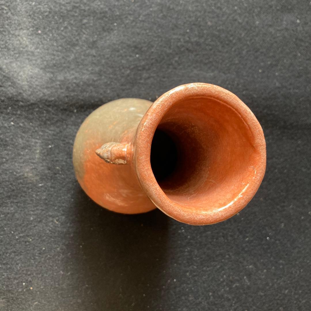 中村道年尼　「赤楽鯉耳付花生」押印　　共箱　高21.5×径11cm 八事窯　楽焼