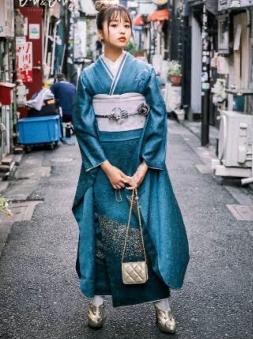 振袖　セット　ブルーグリーン ブラック　光沢