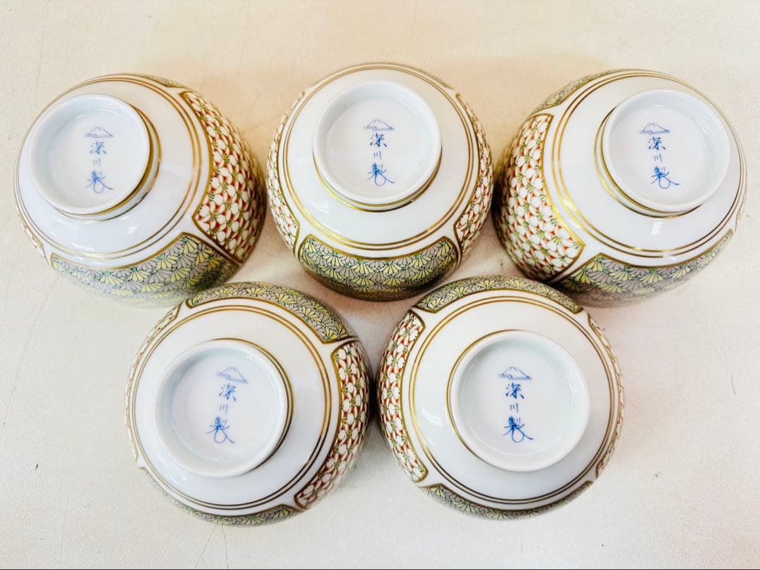 J516 新品未使用　深川製磁　梅菊地紋　汲出揃 宮内庁御用達