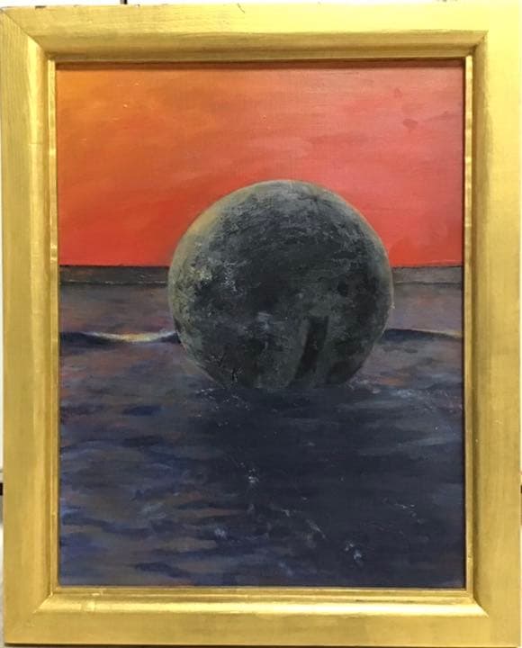 油絵 仮縁つき 海 夕焼け 球体