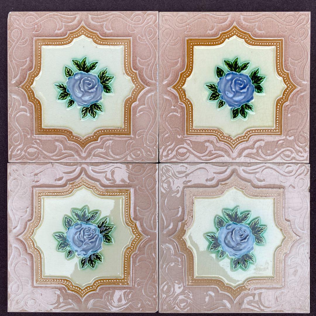 ハンドメイド日本製アンティークマジョリカタイル⑧Ａ４枚セット　プラナカンタイル